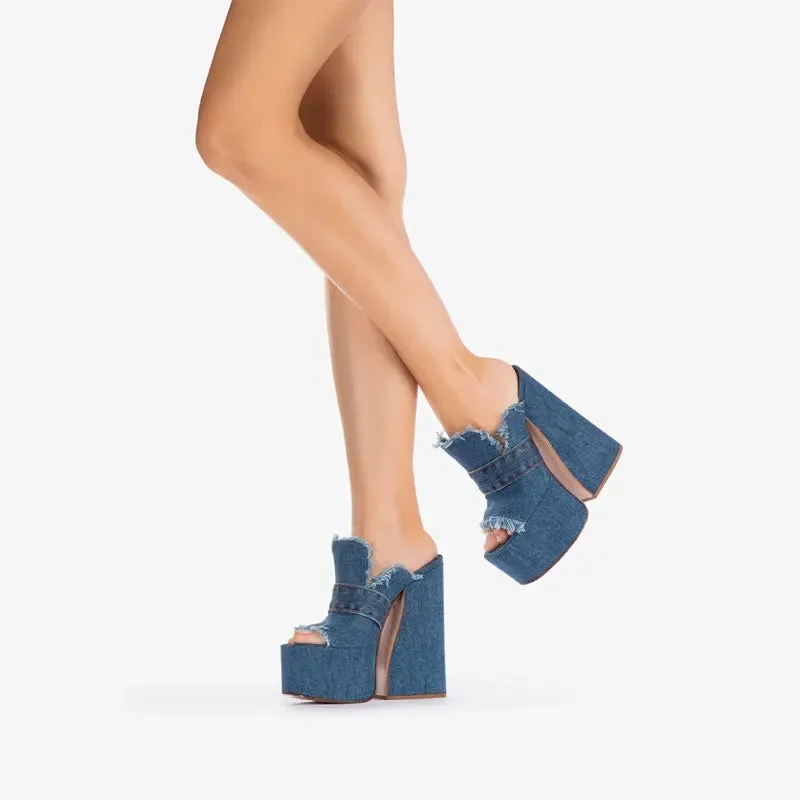 Amozae-Women's New Square Head Open Toe Denim Fabric Ultra High Thick Heel Thick Waterproof Platform Fashion Outwear Slippers