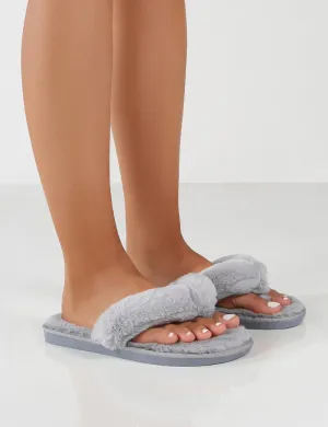 Cuddle Grey Thong Strap Faux Fur Slippers