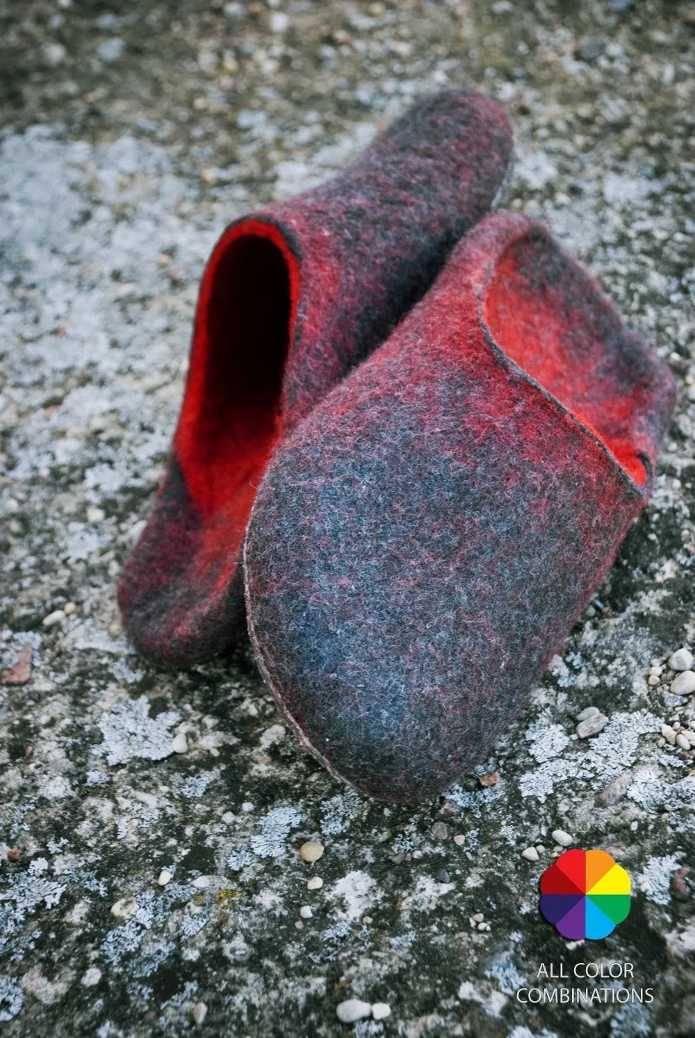 Felted Wool Slides Slippers for Women Dark Grey/ Hot Pink
