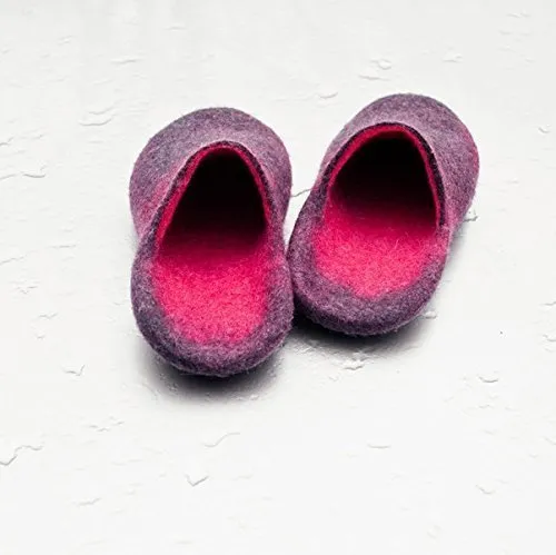 Felted Wool Slides Slippers for Women Dark Grey/ Hot Pink