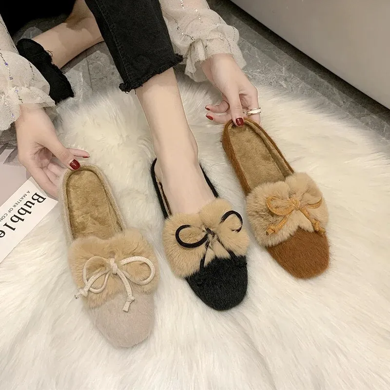 Furry Mule Slippers with a Bow for Women