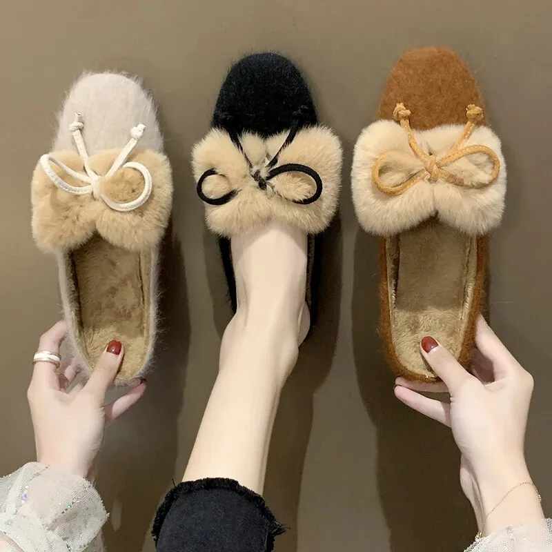 Furry Mule Slippers with a Bow for Women