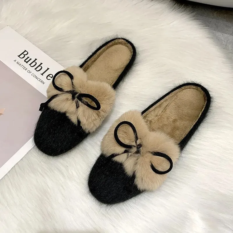Furry Mule Slippers with a Bow for Women