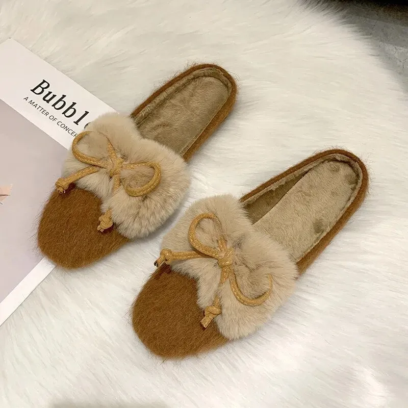 Furry Mule Slippers with a Bow for Women