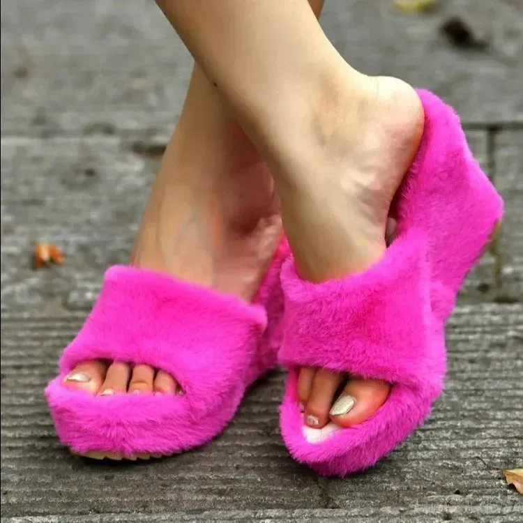 High Heel Fur Slippers for Women