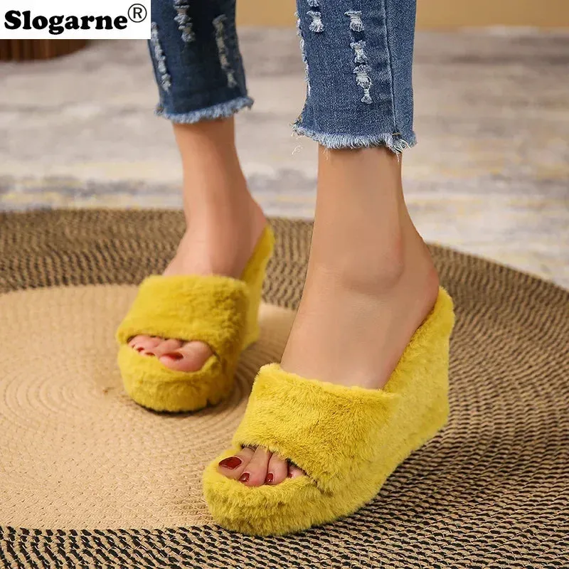 High Heel Fur Slippers for Women