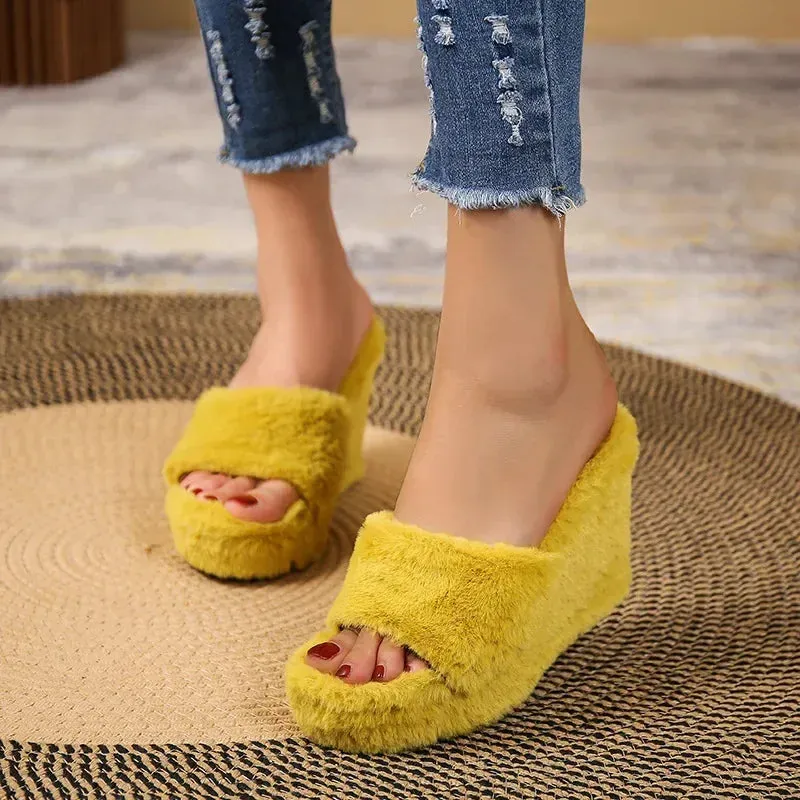 High Heel Fur Slippers for Women