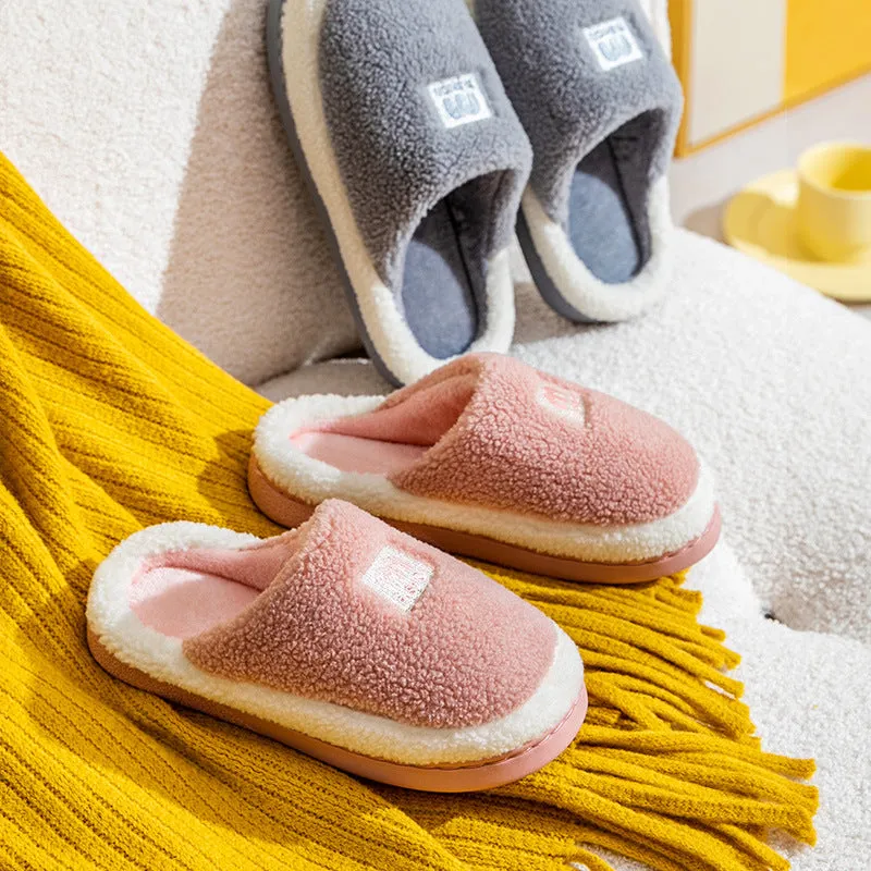 New home cotton slippers for winter home couples cute thick-soled fur slippers non-slip silent warm confinement shoes