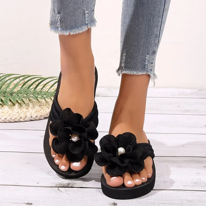 Summer Beach Style Thong Slippers for Women with Flower and Pearl