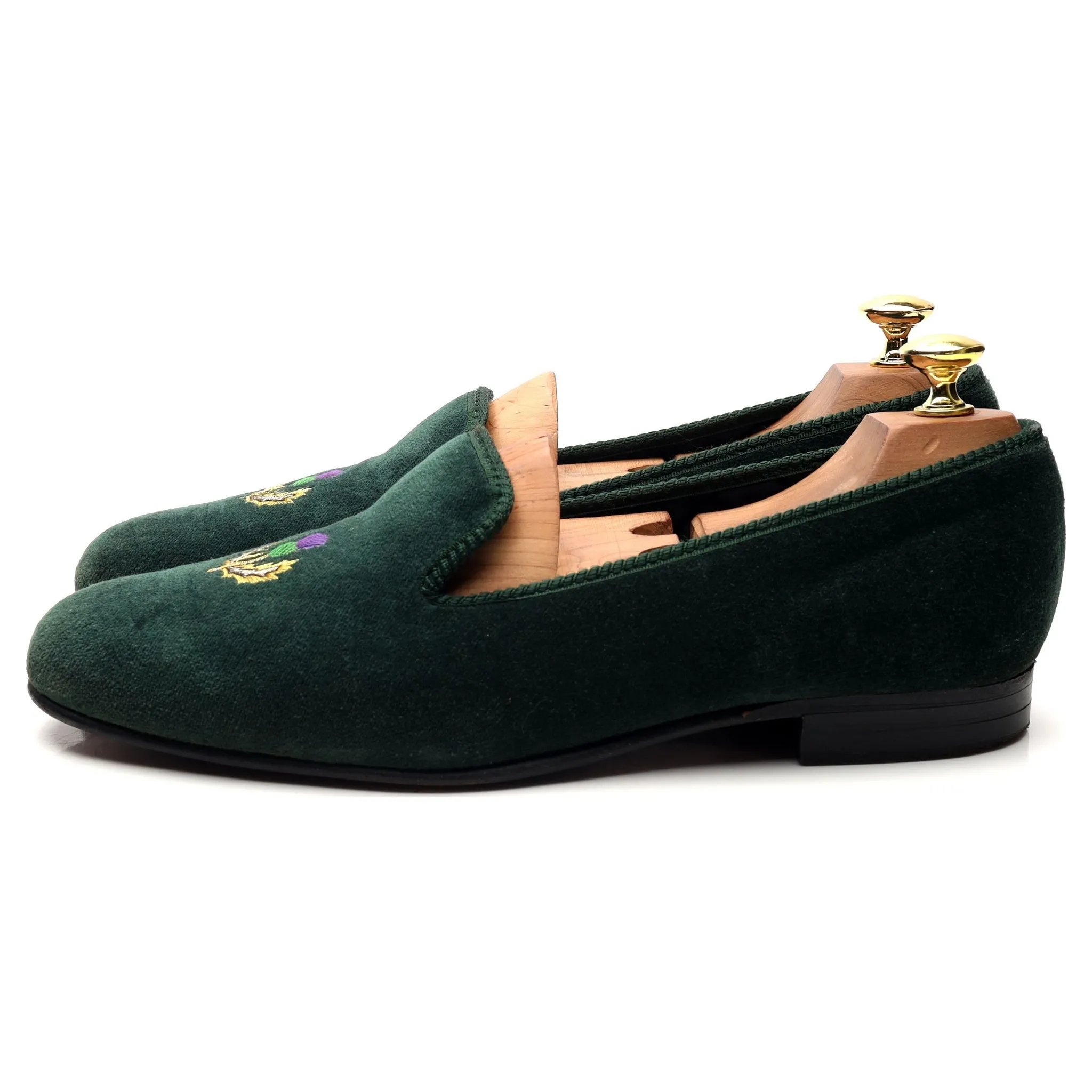 'Thistle' Dark Green Velvet Slippers UK 8.5