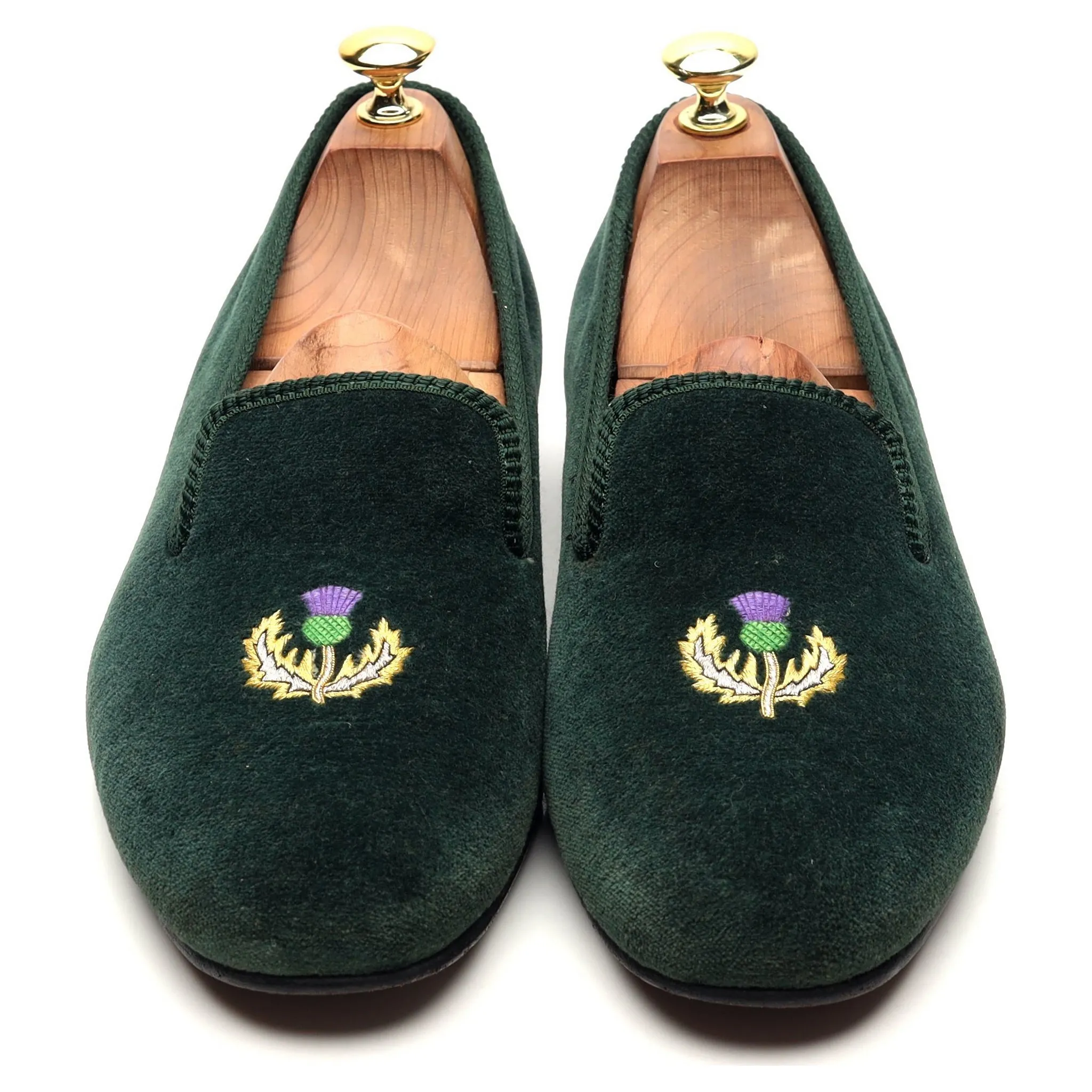 'Thistle' Dark Green Velvet Slippers UK 8.5