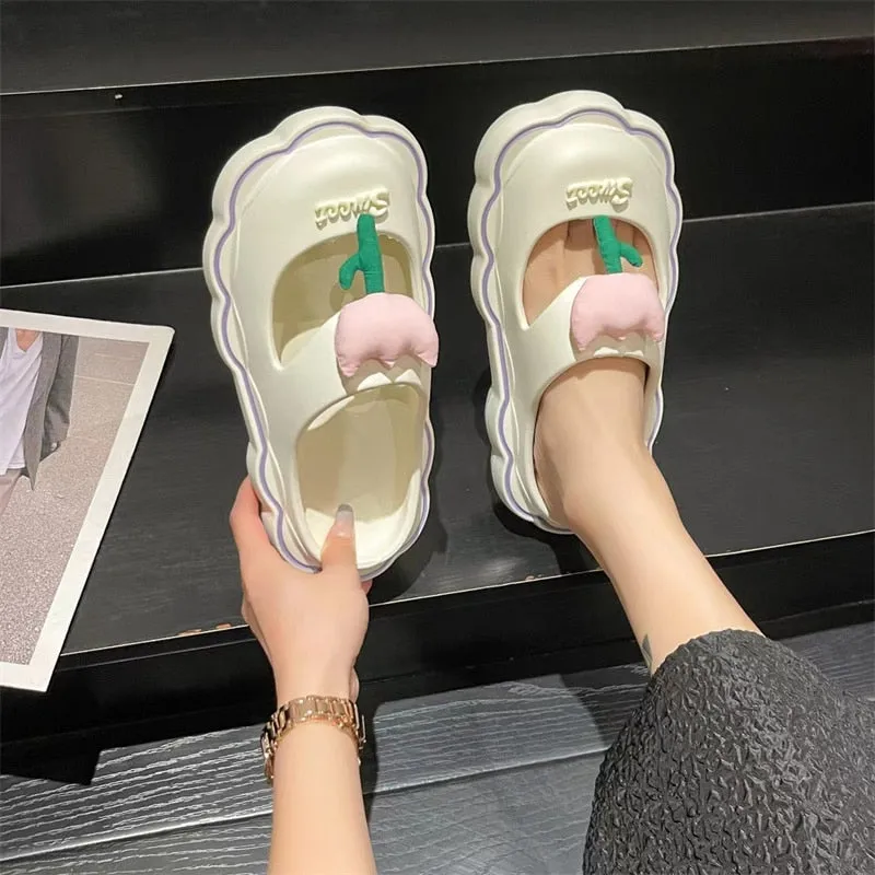 Toleet Cute Sweet Tulip Women's Slippers Thick Bottom Soft Bottom Waterproof Beach Sandals Women Slippers Summer Non-slip Slippers