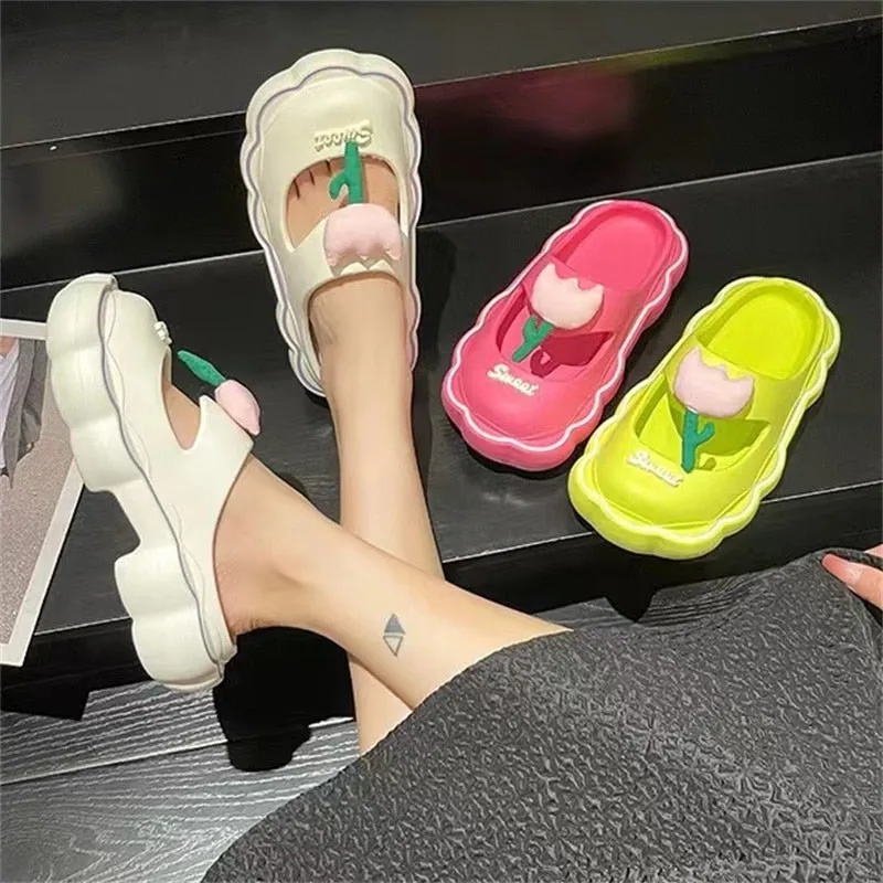 Toleet Cute Sweet Tulip Women's Slippers Thick Bottom Soft Bottom Waterproof Beach Sandals Women Slippers Summer Non-slip Slippers
