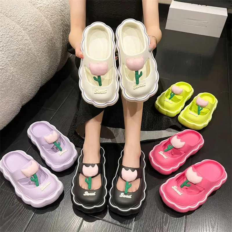 Toleet Cute Sweet Tulip Women's Slippers Thick Bottom Soft Bottom Waterproof Beach Sandals Women Slippers Summer Non-slip Slippers