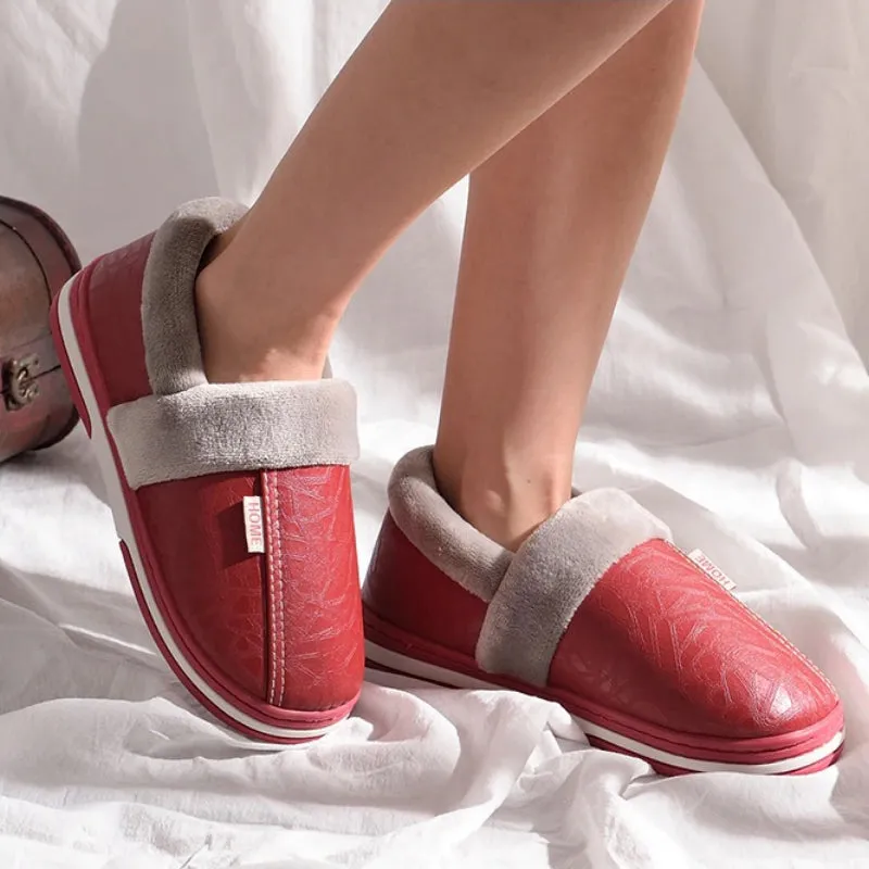 Winter Indoor Warm Plush Vegan Leather Bedroom Flat Slippers