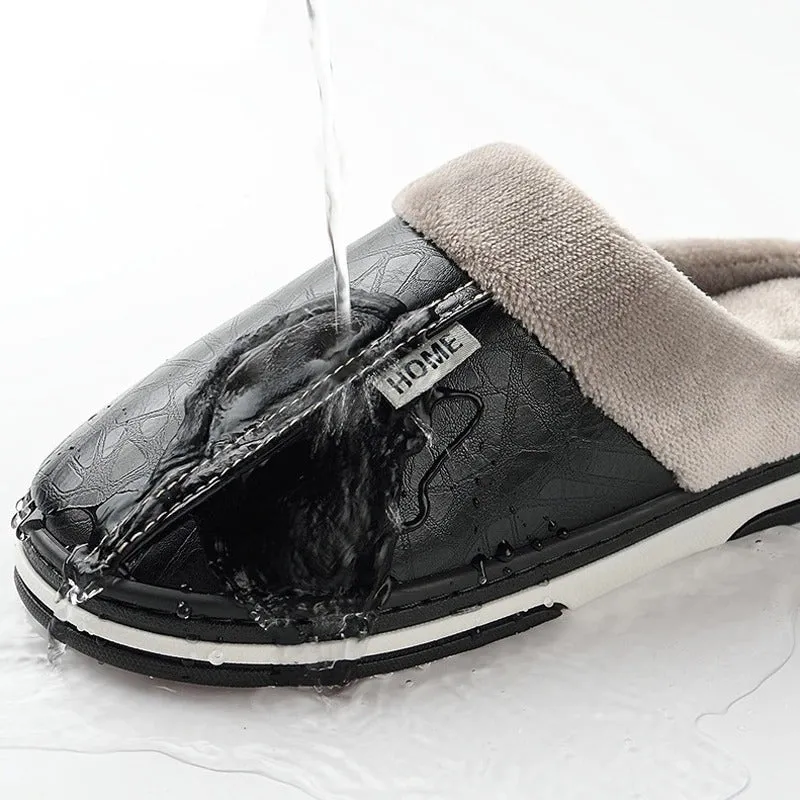 Winter Indoor Warm Plush Vegan Leather Bedroom Flat Slippers