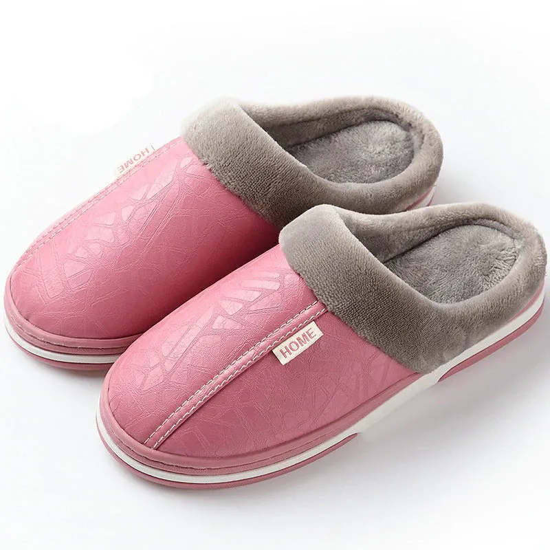 Winter Indoor Warm Plush Vegan Leather Bedroom Flat Slippers