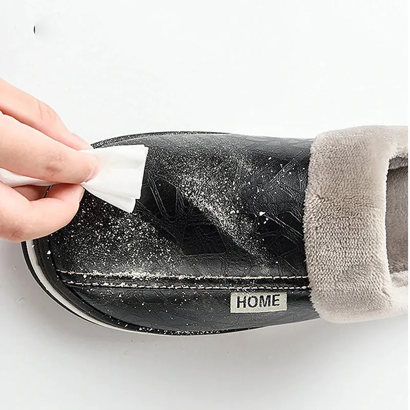 Winter Indoor Warm Plush Vegan Leather Bedroom Flat Slippers