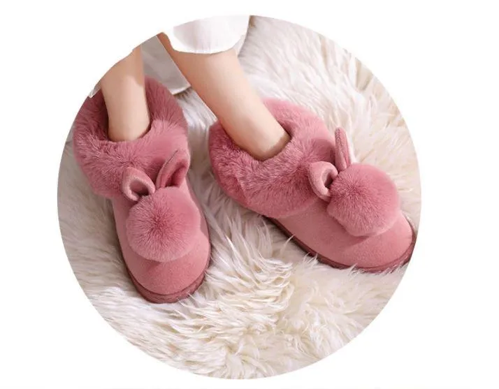 Women Indoor Warm Winter Cotton Rabbit Ear Plush Slippers