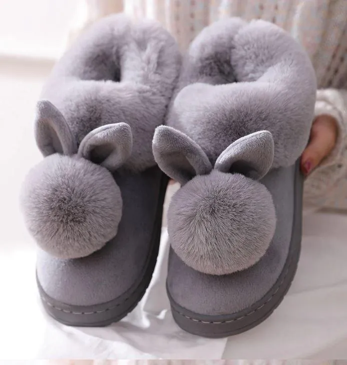 Women Indoor Warm Winter Cotton Rabbit Ear Plush Slippers