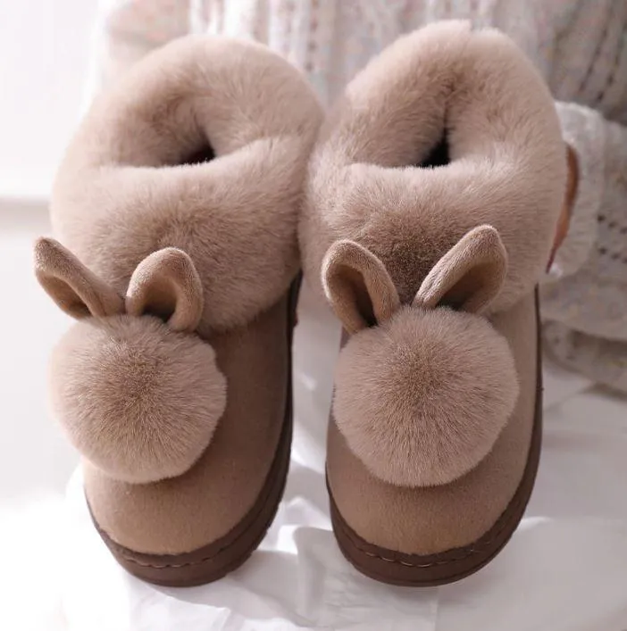 Women Indoor Warm Winter Cotton Rabbit Ear Plush Slippers