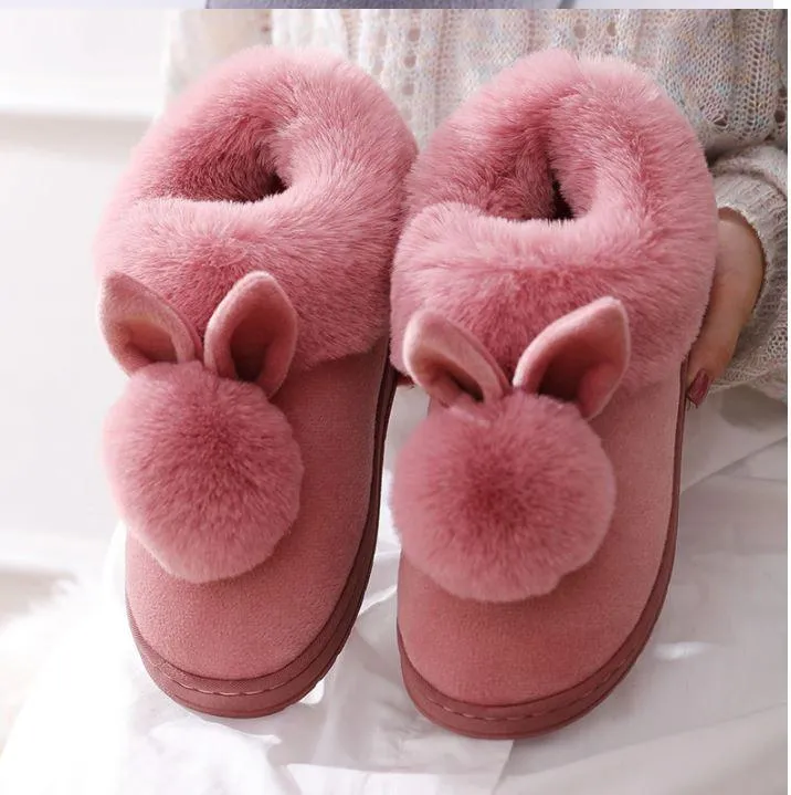 Women Indoor Warm Winter Cotton Rabbit Ear Plush Slippers