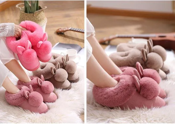 Women Indoor Warm Winter Cotton Rabbit Ear Plush Slippers