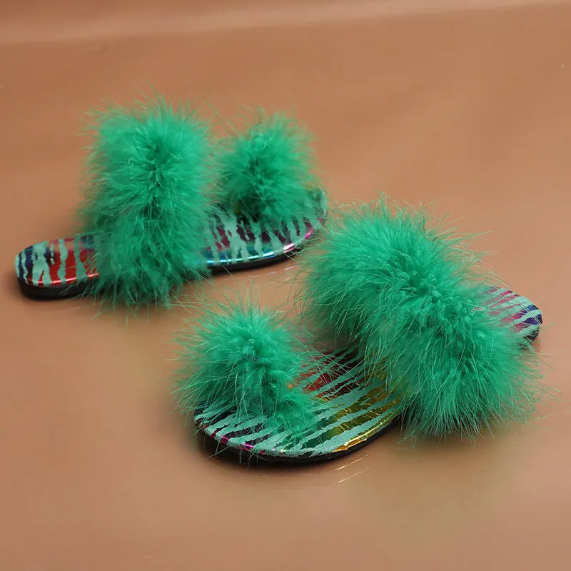 Women's Slipper Slides with Faux-Ostrich Fur