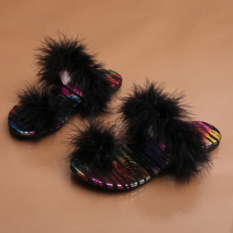 Women's Slipper Slides with Faux-Ostrich Fur
