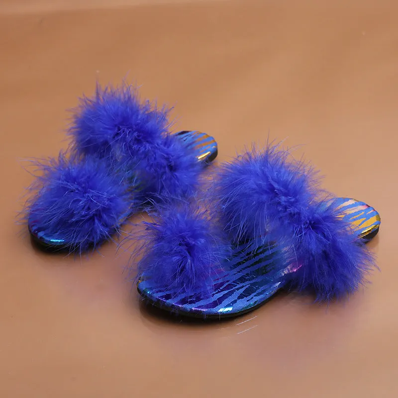 Women's Slipper Slides with Faux-Ostrich Fur