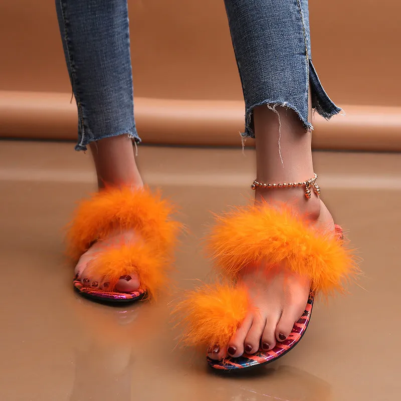 Women's Slipper Slides with Faux-Ostrich Fur