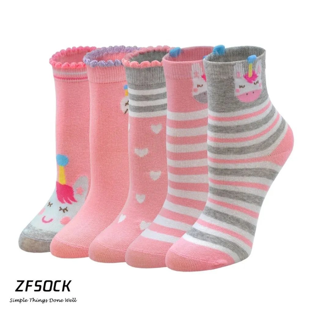 ZFSOCK Cute Unicorn Design Pink Socks for Girls, 5 Pairs