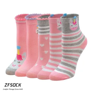 ZFSOCK Cute Unicorn Design Pink Socks for Girls, 5 Pairs